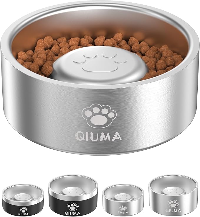 Qiuma Slow Feeder Dog Bowls Stainless Steel, Food-Grade 304 Dog Slow Feeder Bowl 2 Cups Capacity, Heavy Duty Double-Layer with Non-Slip Base, Pet Puzzle Bowl for Small & Medium Dogs (Silver) by Unknown