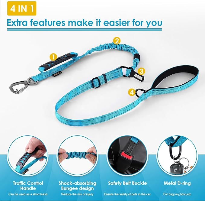 AUBELL Tactical Dog Leash Heavy Duty,4-6ft No Pull Bungee Leash,Blue | Reflective Dog Leash for Medium Large Dogs with Comfortable Padded Double Handle,Car Seat Belt,360 Degree Rotating Carabiner - Image 4
