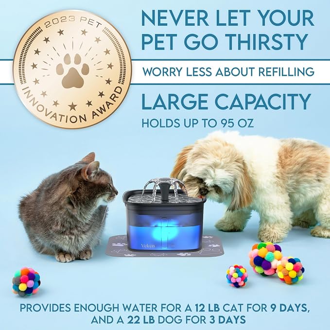 Veken Innovation Award Winner 95oz/2.8L Cat Water Fountain | Automatic Pet Fountain Dog Water Dispenser with Replacement Filters & Silicone Mat for Cats, Dogs (Space Black, Plastic) - Image 3