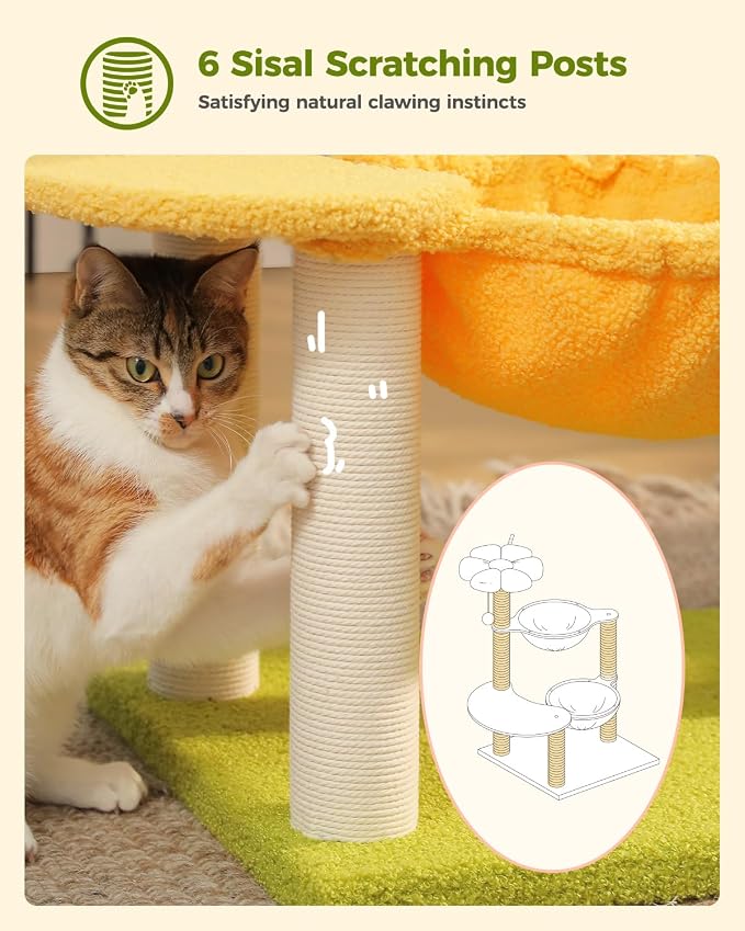 37.4" Flower Cat Tree with 2 Hammocks & 6 Sisal Posts, Yellow | Flower top perch, 2 spacious hammocks, 6 sisal posts, Cute small tower, For indoor kittens, Sturdy build - Image 5