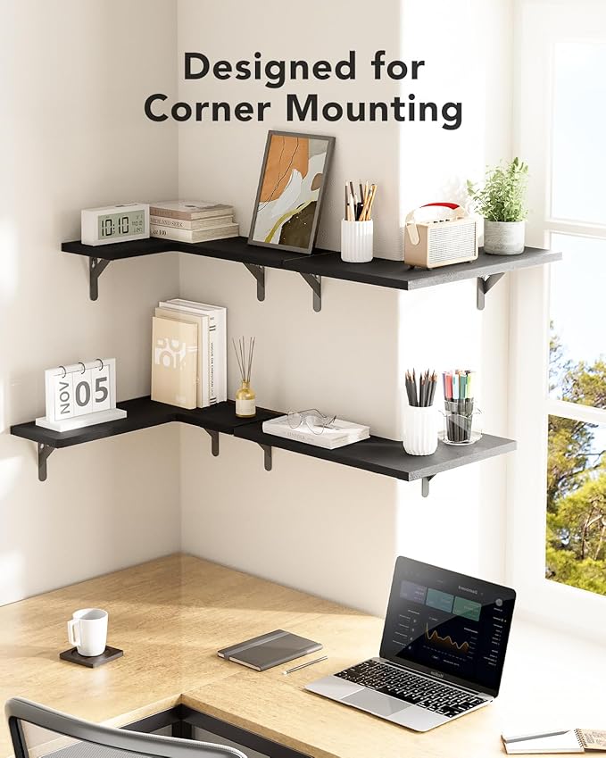 Amada Corner Floating Shelves, Paulownia Wood, Set of 4, Black | Corner Wall Shelves with Triangular Metal Bracket, 44 lbs Capacity per Shelf, L-Shaped Design for Home Decor, Kitchen Storage - Image 4