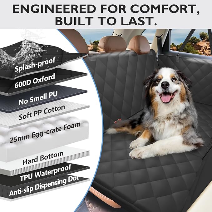 Hard Bottom Dog Car Seat Cover for Back Seat, with Egg Crate Foam | Backseat Extender, Dog Hammock for Cars, SUVs, Sedan, Holds 420lbs, Sturdy Oxford, Large Space, Soft Pet Car Bed, Waterproof - Image 4