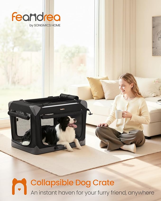 Feandrea Collapsible Dog Crate, Portable Oxford Fabric Pet Travel Crate with 4 Mesh Doors, Handles, Pocket, 30 Inches, for Medium Dogs, Ink Black and Dove Gray UPDC027BH01 - Image 2