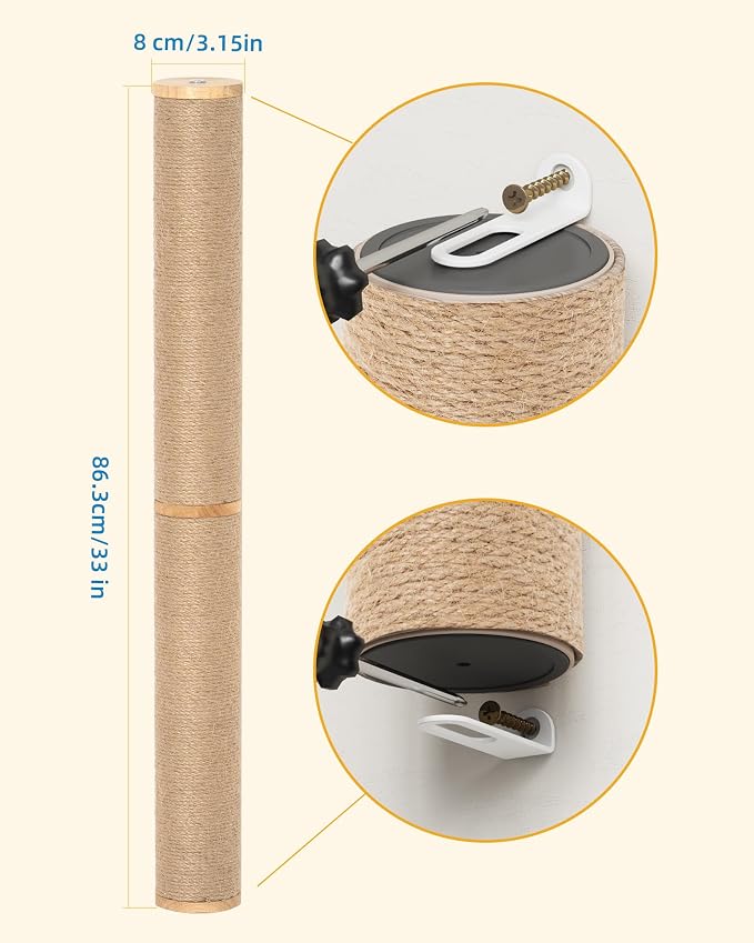 Aechonow 68" Wall Mounted Cat Scratcher,2Pcs of 34in Sisal Scratching Posts | Wood Cat Wall Scratcher,Cat Wall Furniture for Indoor Cats,Cat Wall Climber, Natural Sisal,Tall & Sturdy Corner Climbing Pole - Image 7