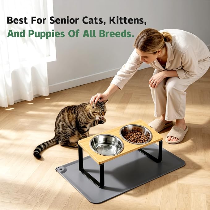 Elevated Tilted Cat Food Bowls with Mat, 304 Stainless Steel 2 Water Bowls1 | 15° tilted elevated cat feeder anti-vomiting, reduces whisker fatigue; 2 detachable stainless bowls fit cats & small dogs - Image 3
