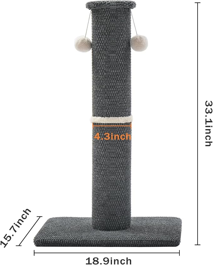 Made4Pets Tall Cat Scratching Post, Carpet Scratcher for Indoor Cats, 33" | Reach-and-Stretch Height, Wide Base, Hanging Balls for Play, Easy Assembly with Tools, For Adult and Larger Cats, Dark Grey - Image 6