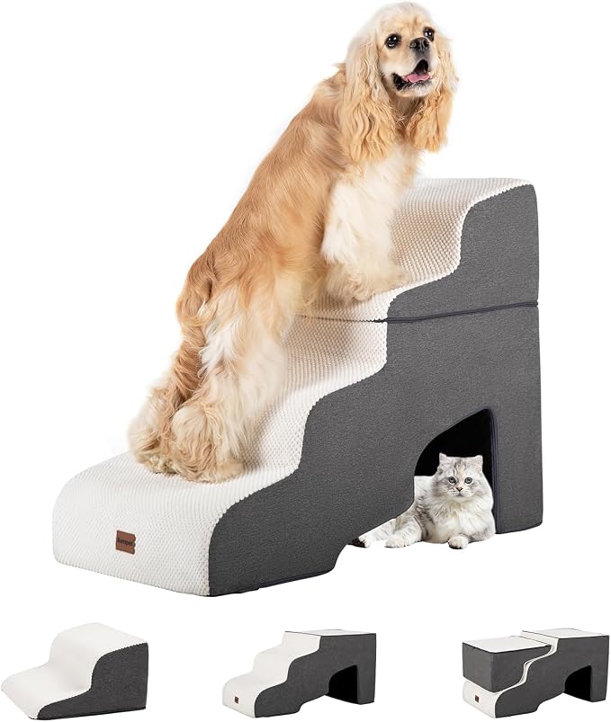 Garnpet Dog Stairs for High Beds with Tunnel, 4-Step Dog Steps for Small Dogs and Cats, Foldable Pet Stairs for High Bed Climbing, Non-Slip Balanced Pet Step Indoor, Beige by Garnpet