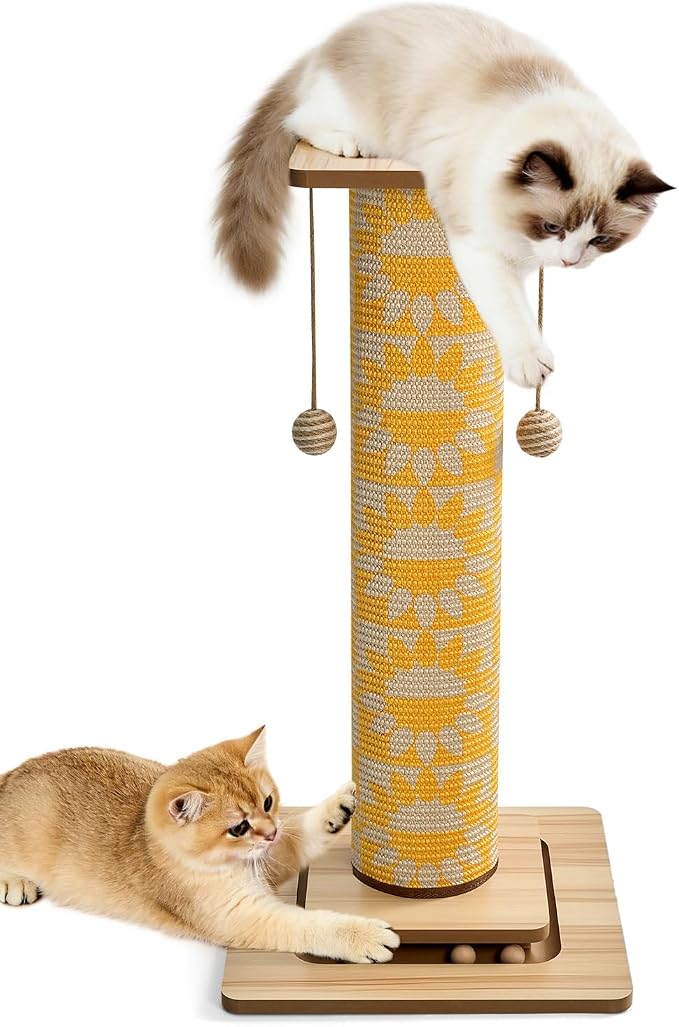 Odoland 31" Tall Large Cat Scratching Post with Replaceable Scratcher Pad | Natural Sisal, Solid Wood Base, Sturdy Durable Replaceable Pad, Interactive Track, Top Perch, Indoor Adult Cats Kitten by Odoland