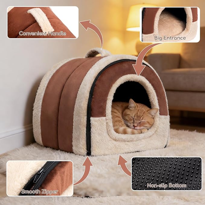 Hollypet Cat Bed Cave for Indoor Cats for Pets up to 20 lbs, Brown | Warm Cat Arched Cave Bed Condo, Covered Kitty House with Removable Washable Cushion, Cozy Enclosed Pet Bed for Small Dogs - Image 5