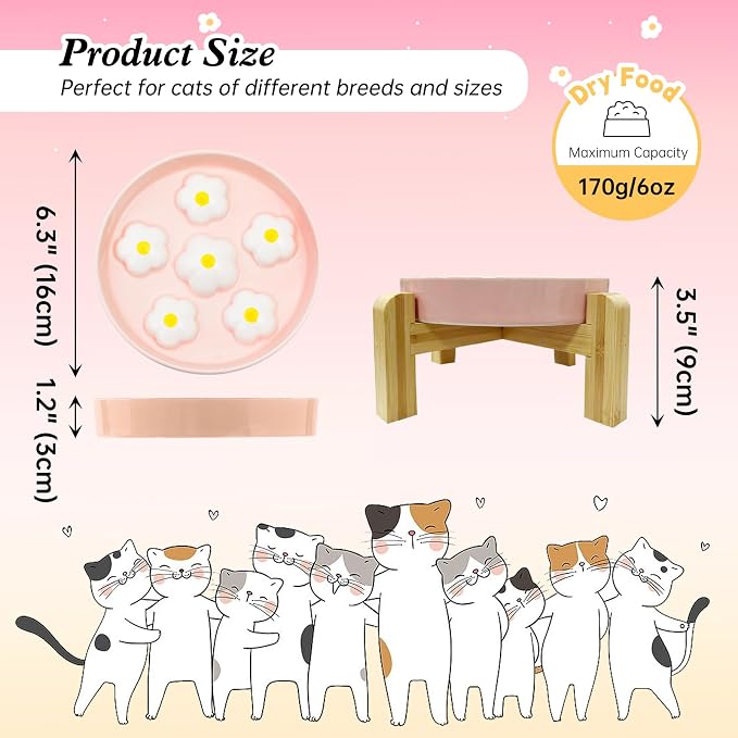 Elevated Ceramic Slow Feeder Cat Bowl with Anti-Slip Bamboo Stand | 6.3" Wide Whisker Friendly, Slow Eating 3x, Dry & Wet Food, Cute Flower-Shaped Maze, Microwave & Dishwasher Safe, White - Image 2