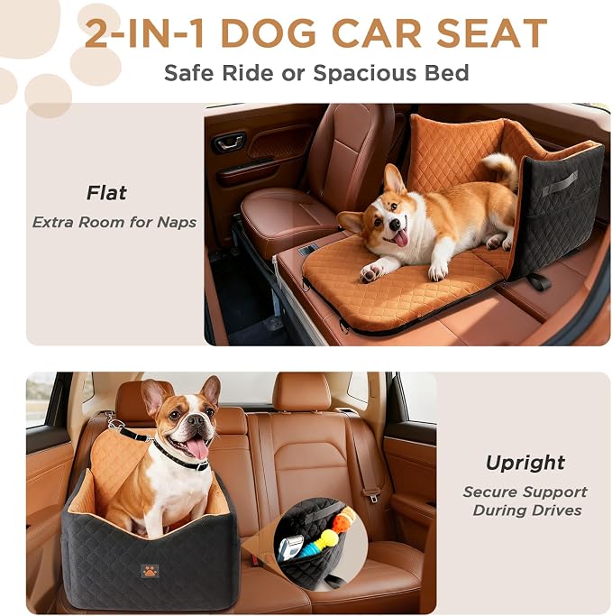 Dog Car Seat for Small/Medium Dogs Up to 35lbs, Puppy Car Seat with Thick Cushion, Detachable Washable Dog Carseat with Storage Pockets, 2 Safety Belts (Brown) - Image 2