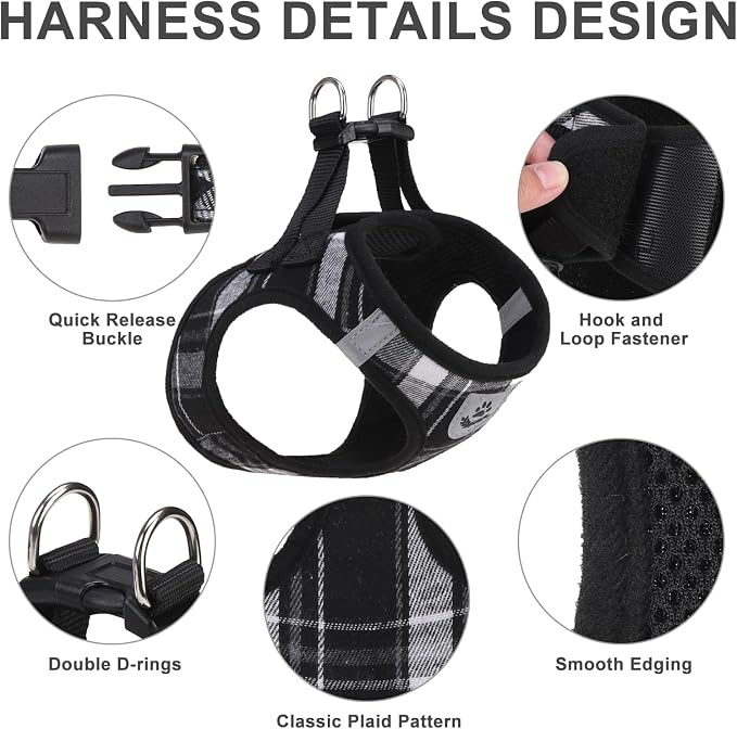 Classic Plaid Puppy Harness - Dog Collar and Leash - Soft Mesh Padded Adjustable Step in Small Dog Vest Harness No Pull, Reflective Escape Proof for Outdoor Walking, Black XS - Image 2