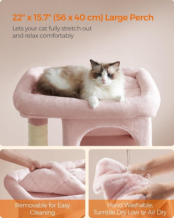 Feandrea Cat Tree, 33.1-Inch Cat Tower, Plush Condo for Large Cats up to 16 lb, Large Perch, 2 Caves, Scratching Post, Jelly Pink UPCT061P01 - Image 3