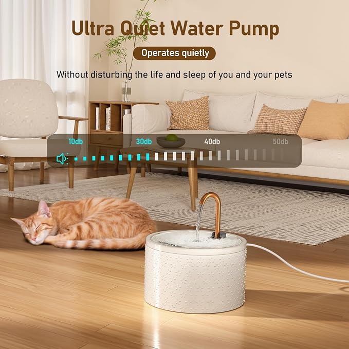 DOOOB Ceramic Cat Water Fountain, 2.1L/71oz Cat Fountain | Automatic Ceramic Water Fountain for Cats, Pet Fountain with Ultra-Quiet Pump and 3 Filters & 3 Sponges (Firework Embossed) - Image 3