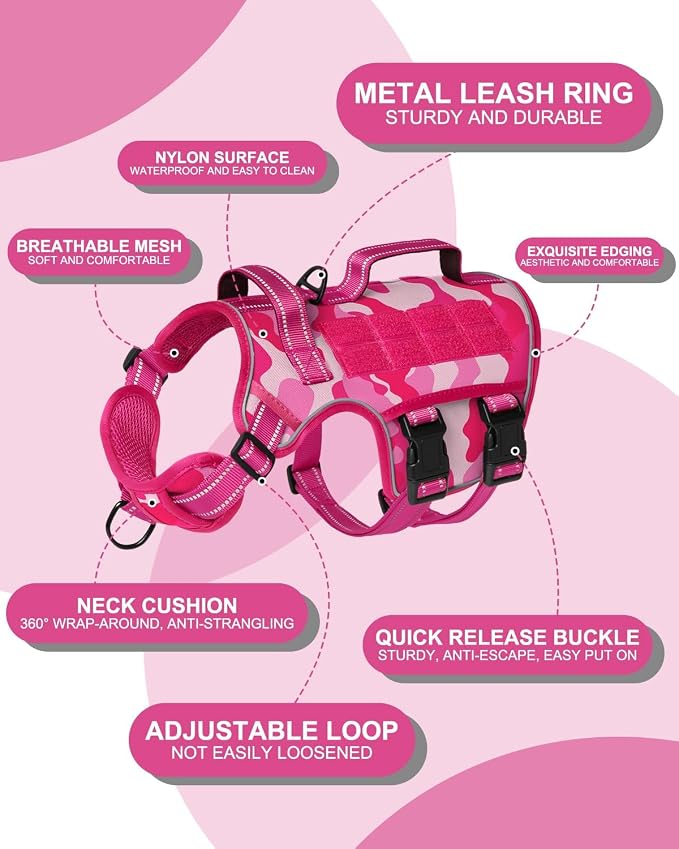 Dog Harness Medium Sized Dog, No Pull Dog Vest with Molle System | Tactical, Easy Control With Handle, Breathable Soft Padded, Adjustable, Reflective, No Choke for Walking, Pink Camo Medium - Image 6