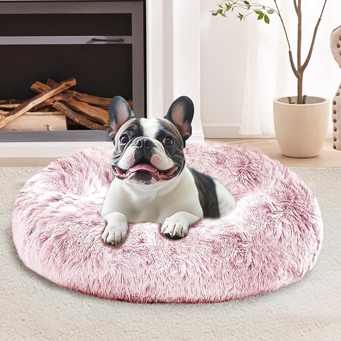 JOLLYVOGUE Calming Dog Bed for Small Dogs - 23 inches Donut Washable Small Dog Bed for Kittens & Puppies, Anti-Slip Round Fluffy Plush Faux Fur Cat Beds (Fits up to 25 lbs Pets, Smoke Pink) by JOLLYVOGUE