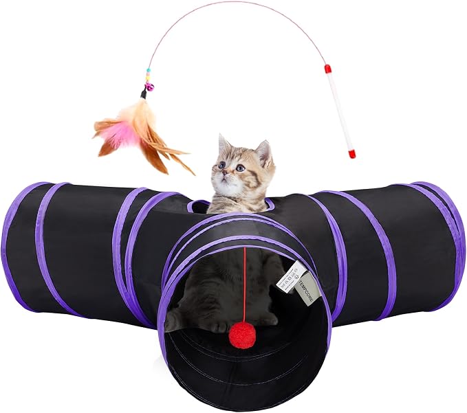 Tempcore Cat Tunnel for Indoor Cats, 3 Way Collapsible Pet Play Tunnel with Teaser Wand, Peek Holes & Hanging Ball, Interactive Tube for Kittens & Rabbits, Black & Purple by Tempcore