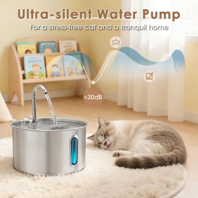 Stainless Steel Cat Water Fountain, 135oz/4L Automatic Pet Water Dispenser with 3 Filters & 2 Water Outlets, Quiet Indoor Drinking Fountain for Cats Small Dogs, Water Level Window - Image 4