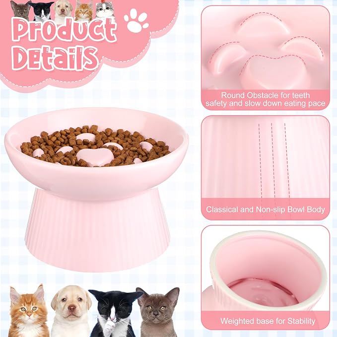 Tioncy 2 Pcs Ceramic Elevated Slow Feeder Cat Bowl, Raised Cat Slow Feeder Bowl, Anti Vomiting for Dry and Wet Food, No Spill High Edge Easy Clean Dishwasher Safe (Pink,Dark Green) - Image 3