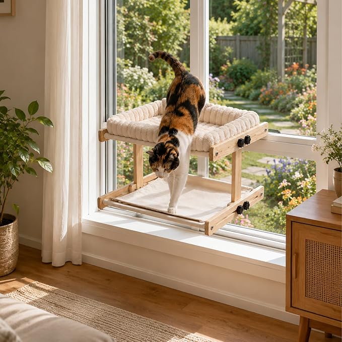 Teabelle Double Layer Cat Window Perch with 3 Interchangeable Mats | Bedside Sleeper, Adjustable Solid Wood Tree Cat Hammock for Small & Medium Breeds, Sturdy Window Bed(Plush, Sisal, Canvas) - Image 4