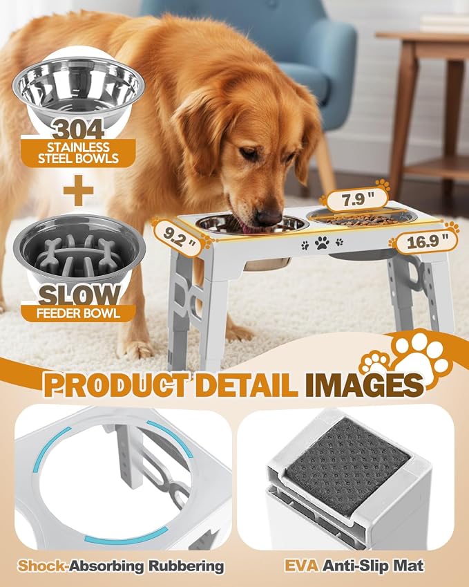 Jovrun Elevated Dog Bowls for Medium Large Size Dogs, Non-Slip Dog Feeder with 1*Stainless Steel Dishes & 1*Slow Feeder Bowl, 5 Heights Adjustable Raised Bowls to 3.15″-8.66″-9.84″-11.02″-12.2″ - Image 4