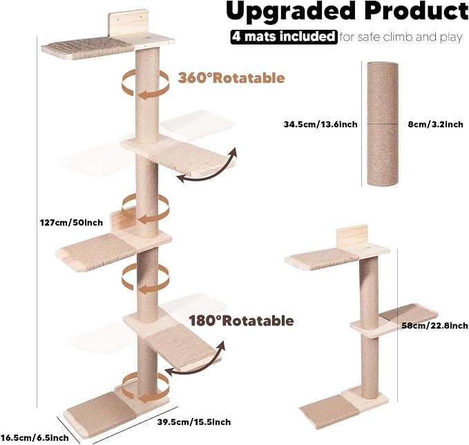 Tall Wall Cat Tree 50"‌, Wood Cat Wall Shelves Wall-Mounted Scratching Post | with Natural Jute Rope Adjustable Cat Tower for Indoor Cats (4-Tier Cat Tree, Natural Jute Color) - Image 2