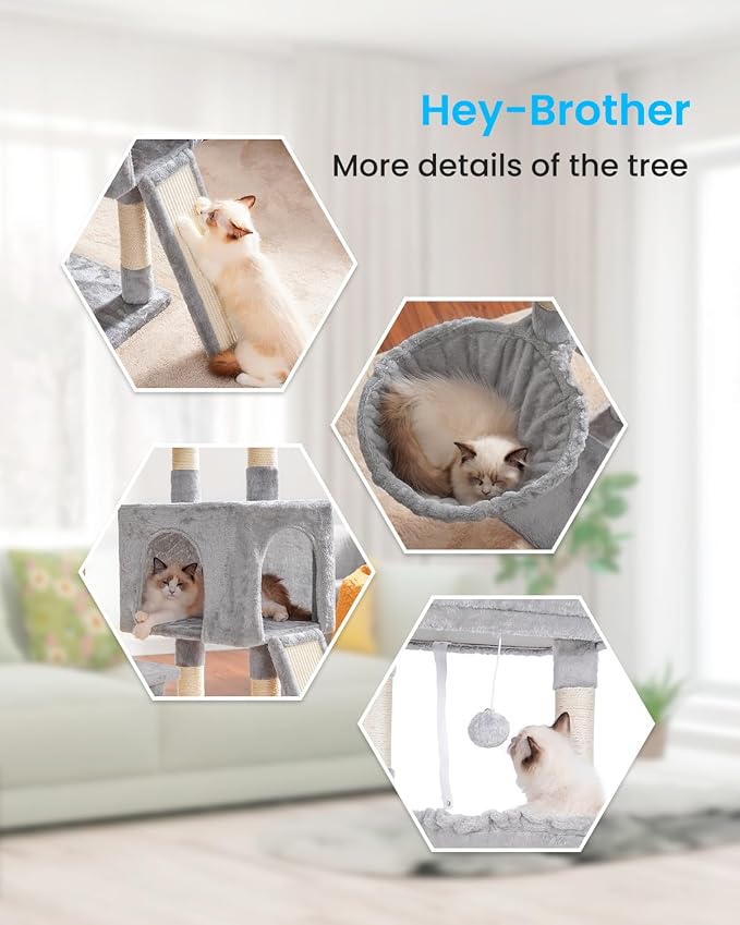 Hey-brother Large Cat Tree, Cat Tower for Indoor Cats, Cat House with Padded Bed, Cozy Condo, Hammocks, Sisal Scratching Posts, Big Scratcher, Light Gray MPJ006-MW - Image 6
