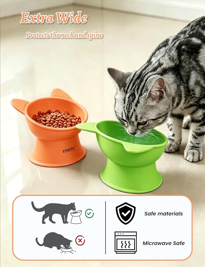 YINEYA Elevated Cat Bowls 2 Pcs, Cat Food Bowl to Protect Neck & Anti-Vomit, Whisker-Friendly Raised Food and Water Bowls Set for Indoor Cats/Small Dogs, Cute Pet Feeding Bowl 6 OZ Each, Orange&Green - Image 3