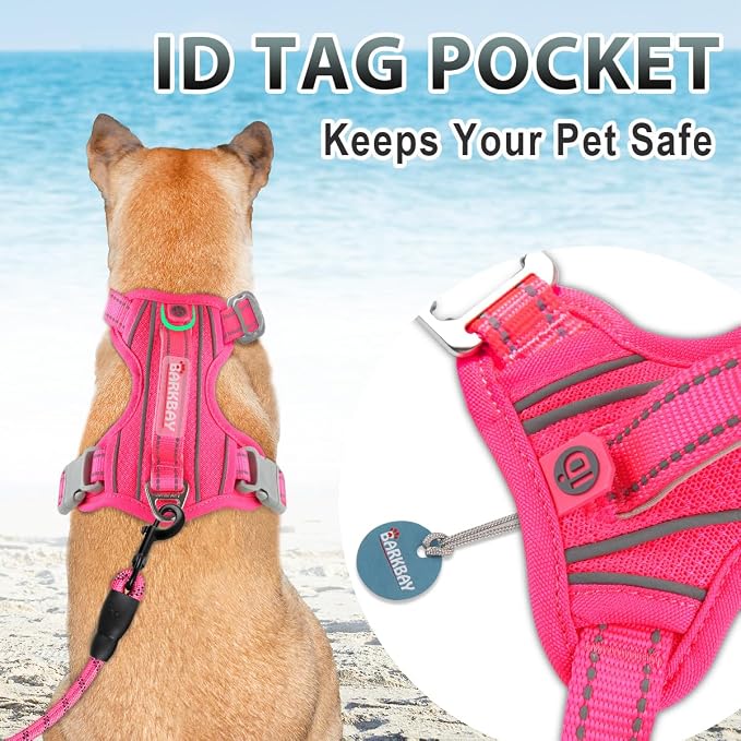 BARKBAY No Pull Dog Harness 3 Buckles Large Reflective Dog Harness with Front Clip and Easy Control Handle for Walking Training Running with ID tag Pocket(Pink,M) - Image 3