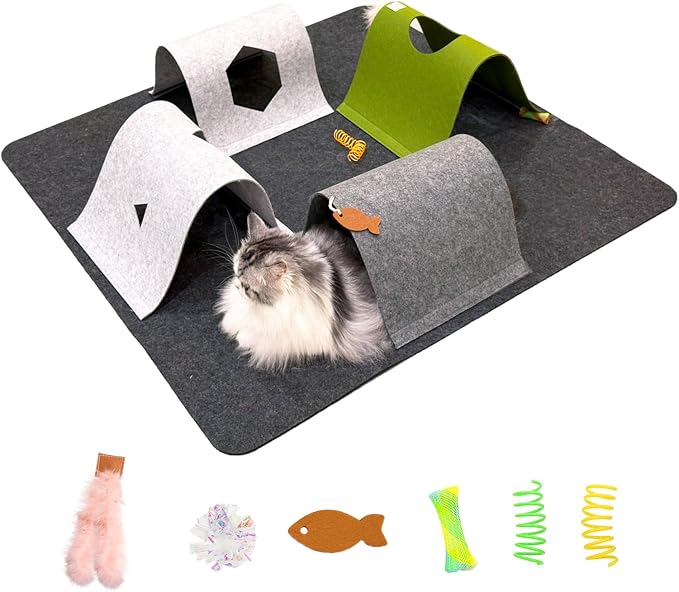 Cat Tunnel Mat for Indoor,4-Way Felt Cats Play Mat Cat Cave for Hide & Seek | Furphoria 39.4" Large Cat Tunnel with 6 Pcs Toys Set Interactive Cat Enrichment for Foldable Kitten Tunnel (Dark Gray) by Unknown