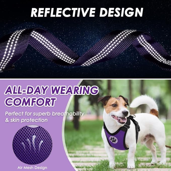 Lukovee Dog Car Harness Seat Belt, Harness & Seatbelt with 2 in 1 Buckle | Adjustable Soft Breathable Mesh Harness, Reflective Elastic Reflective Tether, for Small Medium Large Dogs Pets (Purple,L) - Image 8