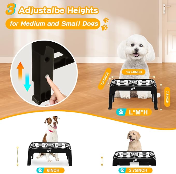 COMESOON Elevated Dog Bowls for Small Medium Dogs, 3 Height Adjustable Raised Stand with 2 Thick 6" Stainless Steel Food Bowls, Non-Slip Feeder Adjusts to 2.75", 6", 7.5", Black - Image 2