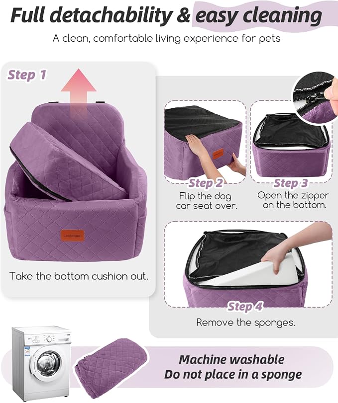 Lealchum Dog Booster Car Seat for Small/Medium Dogs,Puppy Portable Car Bed with Elevated Cushion,Fully Detachable and Washable,2 Storage Pockets,Easy to Install (Purple, Medium) - Image 5