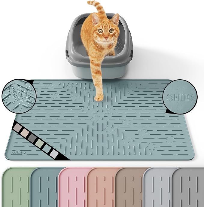Cat Litter Mat, 23.5x16 Silicone Trapping Mat Light Blue | for Kitty Litter Box, Easy Clean, BPA Free Rubber, Center Litter Collection, Easy Pour-Back, Waterproof, Odor-Resistant by OHMO