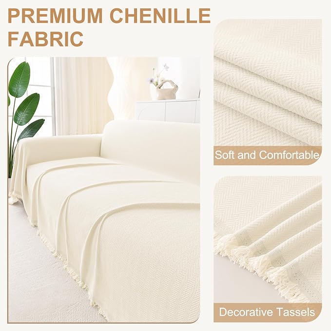 Smiry Couch Cover for Dogs, Chenille Sofa Covers for 3 Cushion Couch | Washable Soft Sofa Slipcover for Pets, Thick Sectional Furniture Protector with Tassels (Beige, 88.5x150 Inch) - Image 2