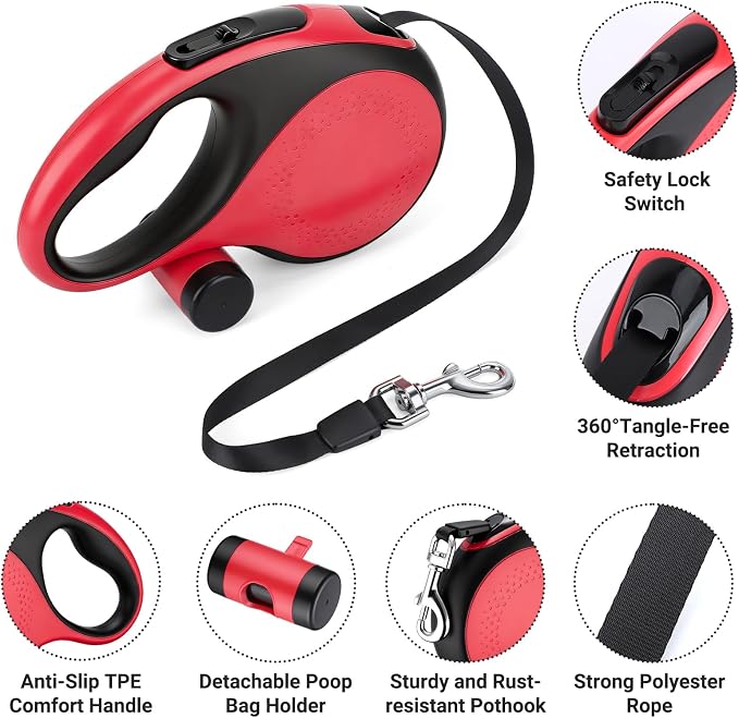 Segarty 26 Ft Walking Lead with Poop Bag Holder for Pet 66 lbs - 110 lbs, 8m Heavy-Duty Retractable Long Leash 360°Tangle-Free with Anti-Slip Handle, One-Handed Brake Pause Lock for Medium Large Dogs - Image 3