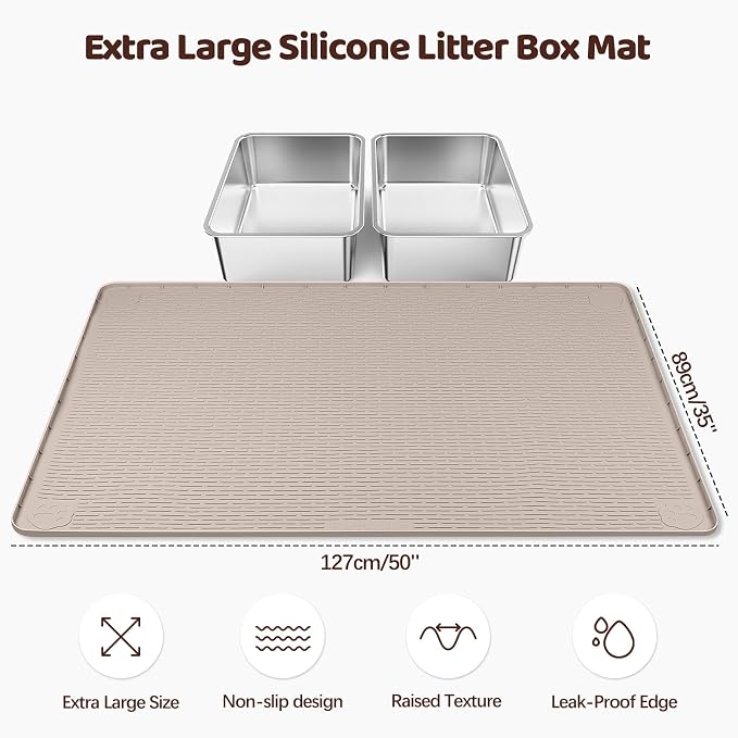 Silicone Cat Litter Mat for Litter Box 50”x35” Large Cat Mat, Khaki | Waterproof, Non-Slip, Leak-Proof Rug Mat with Lip, Easy to Clean, Extra Large Litter Catcher Mat for Floor - Image 2