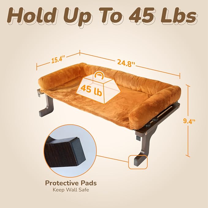 [Ready to Gift] PURRHOUSE 45LBS Cat Window Perch with Bolster, Hammock Seat with Plywood & Metal Frame, Cat Bed for Windowsill, Bedside and Cabinet (Walnut Wood & Brown Cushion, 24.8''W x 9.4''H) - Image 5