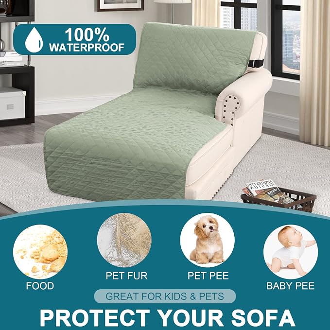 Turquoize 100% Waterproof Chaise Sofa Cover, Sage, 70 inch - Image 2