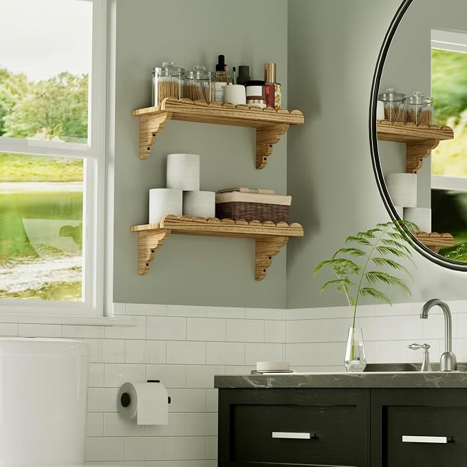 Scalloped Wood Wall Shelf – 17 Inch Floating Shelf with Wood Brackets, Easy to Install Rustic Wall Shelf for Living Room, Bedroom, Bathroom, or Any Space - Light Brown - Image 5