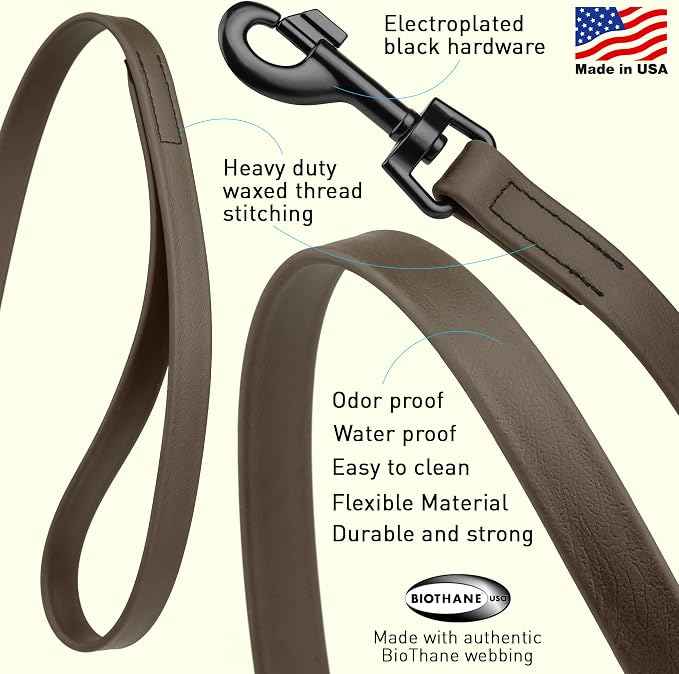 Dogline Biothane Waterproof Dog Leash Strong Coated Nylon Webbing with Black Hardware Odor-Proof Easy to Clean High Performance for Small or Large Dogs Made in USA 4 or 6 ft Lead, Dark Chocolate Brown - Image 2