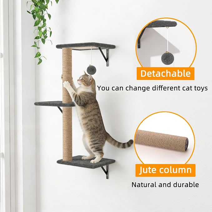 Cat Wall Shelves 5-Piece Set,Cat Walls Furniture for Indoor Large Cats Includes Bed, Cave, Scratching Post, Hammock, Space Saving Floating Shelves (Dark Gray) - Image 3