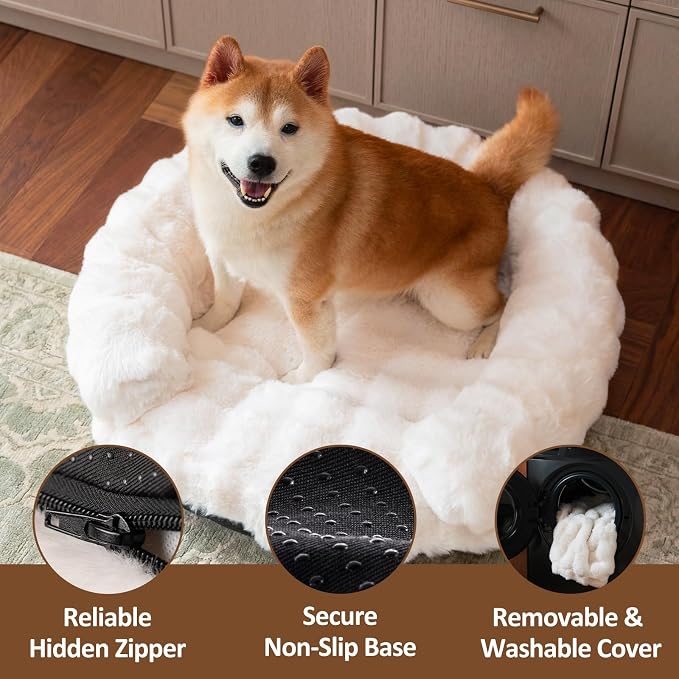 Dog Bed Couch Sofa for Small Medium Dogs Cats 30x30x9 Round White | Round Plush, Orthopedic, Washable, Removable Cover, Anxiety Relief - Image 6