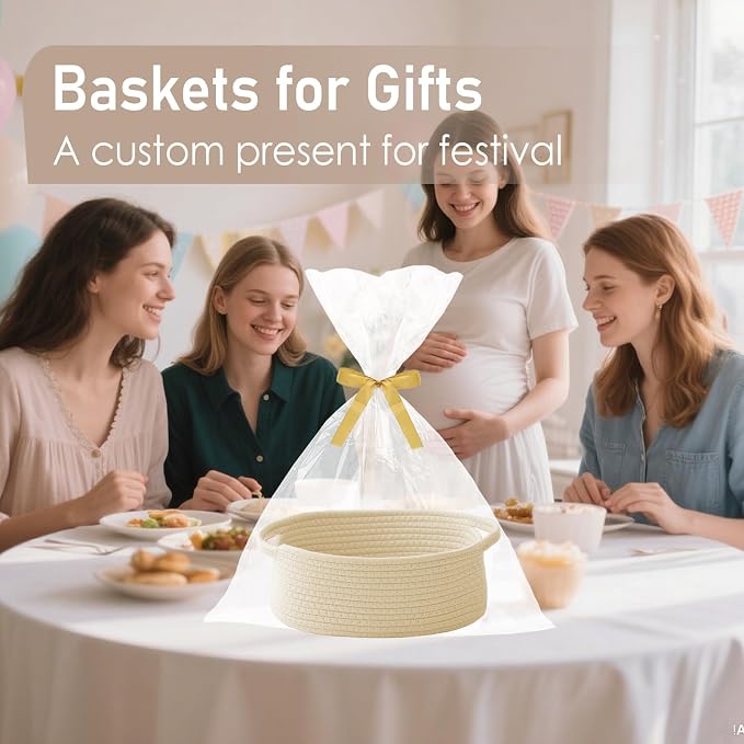 JMvicyroam Small Woven Basket, Empty Gift Basket, Beige/3 Pack | Small Gift Basket, Cotton Rope, 12 x 8 x 11 in, Handles, Includes Ribbon and Bag, Birthday Gift Basket - Image 4