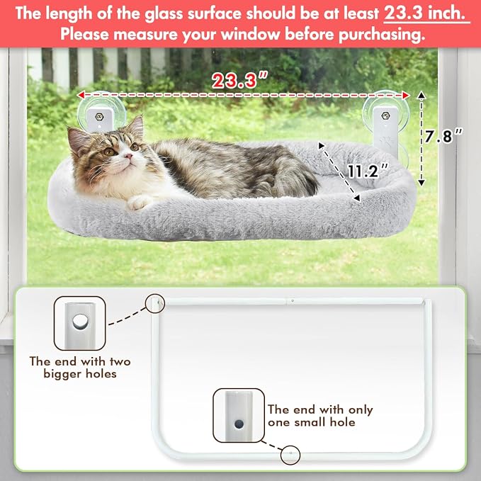 AMOSIJOY Cordless Cat Window Perch, Cat Hammock for Wall with 4 Strong Suction Cups, Solid Metal Frame and Two Replaceable Covers, Foldable Cat Beds for Indoor Cats (Large-Cushion Bed-Gray) - Image 2