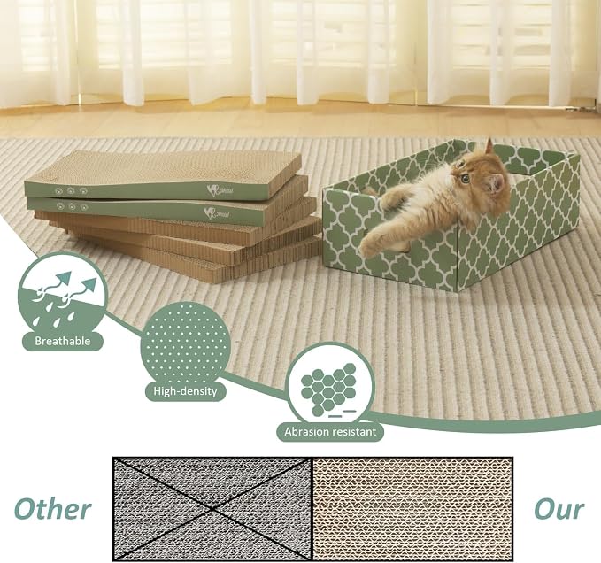 MECOOL Cat Scratching Board，5PC Cat Scratch Pad with Box，Reversible Corrugated Cat Scratcher Cardboard and Lounge Bed for Indoor Cats, Catnip - Image 5