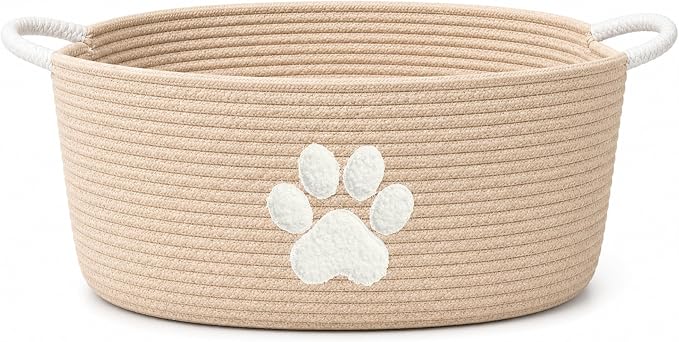 Dog Toy Basket with Handles, Boho Cotton Rope Storage Bin Organizer | Warm boho dog toy organizer, natural woven look. Holds toys, blankets & leashes. Spot washable, collapsible rope bin by KeminaBlankets