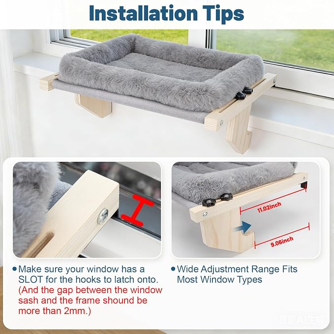 Cat Sill Window Perch - 100% Natural Pine Frame, Soft Plush Fleece, Tool-Free Adjustment, Supports 40 lbs (Medium-Grey) - Image 7