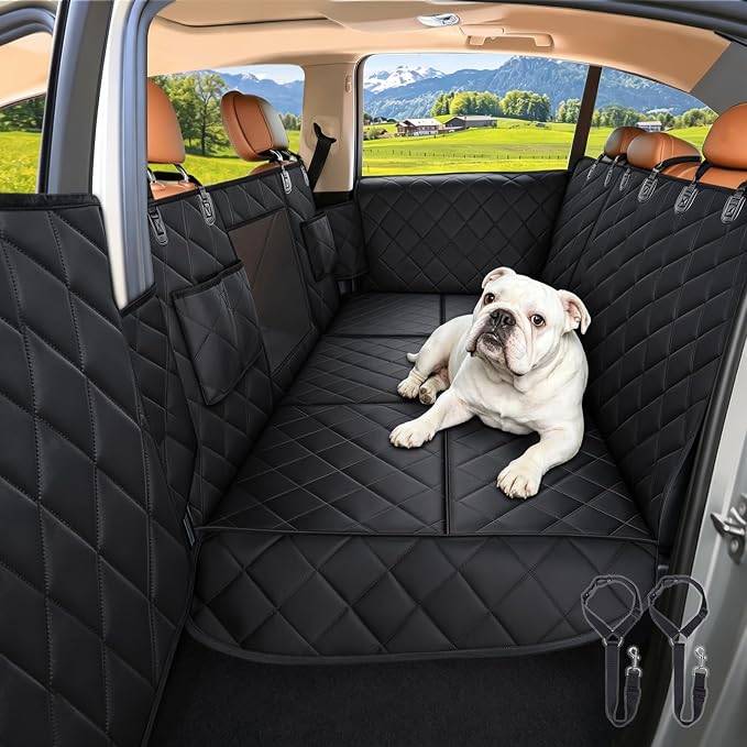 Waterproof Hard Bottom Car Seat Cover for Dogs with 2 Dog Seat Belts | Waterproof,Mesh Window,Zero Slide,Easy Removal & Storage,Heavy-Duty Oxford Fabric,Double-Stitched Seams by Comwish