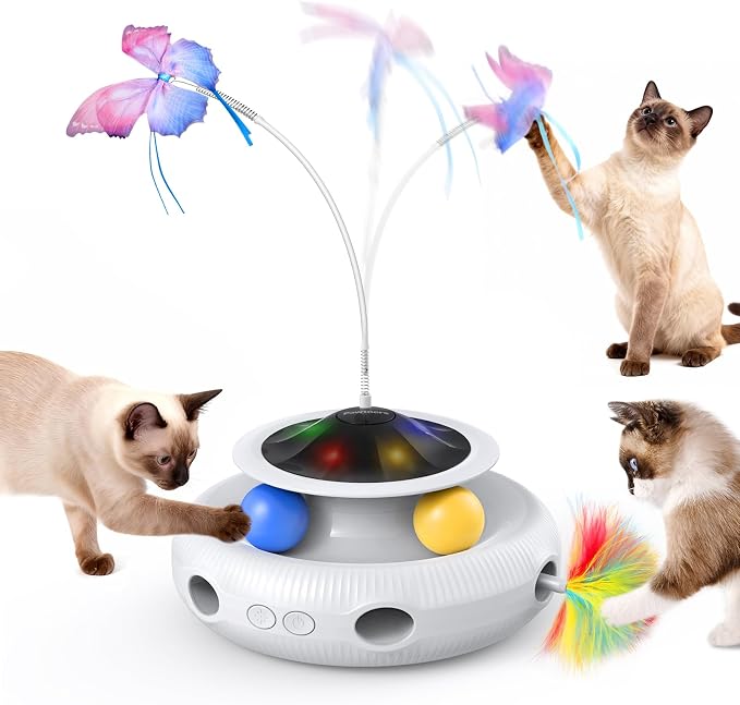 Pawtners Cat Toys, Automatic Interactive Kitten Toys for Indoor Cats, White | Fluttering Butterfly, Moving Feather, Track Balls and USB Rechargeable Powered Smart Indoor Exercise Kicker by Pawtners